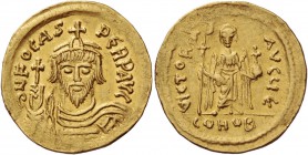 Phocas, 23 November 602 – 5 October 610. Solidus 607-610, AV 4.43 g. Draped and cuirassed bust facing, wearing crown surmounted by cross on circlet an...