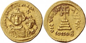 Heraclius, 5 October 610 – 11 January 641, with colleagues from January 613. Solidus circa 616-625, AV 4.52 g. Facing busts of Heraclius on l. and Her...