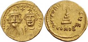 Heraclius, 5 October 610 – 11 January 641, with colleagues from January 613. Solidus 629-631, AV 4.44 g. Facing busts of Heraclius, on l., with long b...