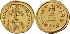 Constans II, 641 – 678, with colleagues from 654. Solidus 644-646, AV 4.47 g. Bust facing, beardless, wearing crown and holding globus cruciger. Rev. ...