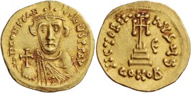 Constans II, 641 – 678, with colleagues from 654. Solidus 647, AV 4.38 g. Bearded bust facing wearing crown with cross on circlet and chlamys, and hol...