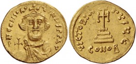 Constans II, 641 – 678, with colleagues from 654. Solidus 651-654, AV 4.43 g. Bust facing with short beard, wearing crown and chlamys and holding glob...