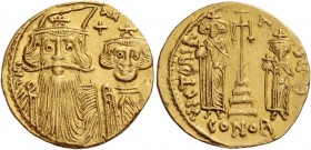 Constans II, 641 – 678, with colleagues from 654. Solidus 662–667, AV 4.39 g. Facing bust of Constans, with long beard, on l., wearing plumed helmet a...