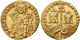 Basil the Macedonian, 27 September 867 – 29 August 886, with colleagues from 870. Solidus 868-879, AV 4.38 g. Christ, nimbate, seated facing on lyre-b...