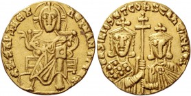 Basil the Macedonian, 27 September 867 – 29 August 886, with colleagues from 870. Solidus 868-879, AV 4.34 g. Christ, nimbate, seated facing on lyre-b...