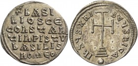 Basil the Macedonian, 27 September 867 – 29 August 886, with colleagues from 870. Miliaresion 868-879, AR 2.23 g. Legend on six lines. Rev. Cross pote...