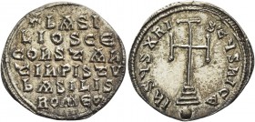 Basil the Macedonian, 27 September 867 – 29 August 886, with colleagues from 870. Miliaresion 868-879, AR 1.76 g. Legend on six lines. Rev. Cross pote...