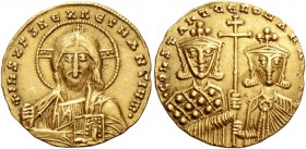 Constantine VII Porphyrogenitus, 913 – 959 and associate rulers from 919. Solidus 955-959, AV 4.41 g. Bust of Christ facing, raising r. hand in benedi...