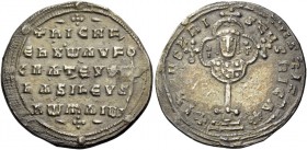 Nicephorus II Phocas, 963 – 969, with Basil II and Constantine VIII. Miliaresion 963-969, AR 2.97 g. Legend on five lines. Rev. Medallion of four lobe...