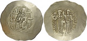 Manuel I Comnenus, 1143 – 1180. Aspron trachy, 1167-1183 (?), EL 4.30 g. Christ enthroned facing, nimbate, raising r. hand in benediction and holding ...