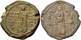 Eirene Komnene Doukaina Palaiologina. 1284-1317. Seal 1284-1317, PB 24.15 g. Virgin Platytera seated facing. Rev. Eirene standing facing; in field, le...