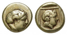 Lesbos, Mytilene, 412-378 BC. Electrum Hekte (10mm, 2.6 g). Wreathed head right of Io with small cow's horn. Reverse: Head right of youthful Dionysos ...