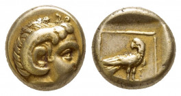 LESBOS Hecte, electrum, about 330 BC. EL (10mm, 2.6 g). Head of Apollo Karneios r. with ram's horn. Rev. Within linear square, eagle with closed wings...