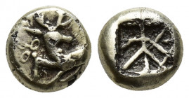 IONIA, Ephesos. Phanes. Circa 625-600 BC. EL ( covering)  Sixth Stater ­ Hekte (9mm, 2 g). Forepart of stag left, head reverted; to left / Incuse squa...