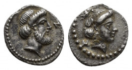 CILICIA, Nagidos. Circa 400-380 BC. Obol (10mm, 0.7 g). Head of Dionysos to right; to right, N. Head of Aphrodite to right, her hair bound up at the b...
