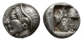 IONIA, Phokaia. Circa 521-478 BC. AR Hemihekte (9mm, 1.3 g). Phokaic standard. Female head left, wearing helmet or close fitting cap / Quadripartite i...