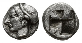 IONIA, Phokaia. Circa 521-478 BC. AR Hemihekte (8mm, 1.4 g). Phokaic standard. Female head left, wearing helmet or close fitting cap / Quadripartite i...