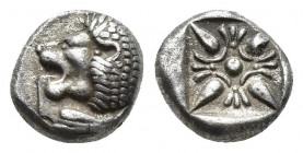 Ionia, Miletos, late 6th-early 5th century BC. AR Diobol (8mm, 1 g). Forepart of a lion r., head l. R/ Stellate design within square incuse.