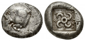 DYNASTS of LYCIA. Teththiweibi. Circa 450-430/20 BC. AR Stater (18mm, 8.6 g). Forepart of a boar left / Tetraskeles within pelleted square border with...