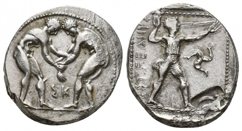Pamphylia, Aspendos AR Stater. (24mm, 10.9 g). Circa 380-325 BC. Two wrestlers g...