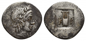 Lycia. Kragos. Lycian League circa 48-42 BC. Hemidrachm AR (15.8mm, 1,7 g). Λ - Y, laureate head of Apollo right / K - P, lyre within incuse square.