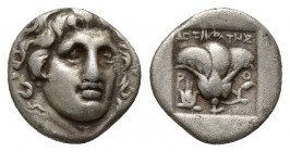 Rhodes AR Plinthophoric Hemidrachm. (11mm, 1.5 g) Magistrate Dexikrates. Circa 170-150 BC. Radiate head of Helios right / ΔΕΧΙΚΡΑΤHΣ, Rose with bud, I...