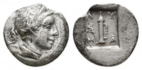 Lycia. Lycian League. Masikytes 48-27 BC. 1/4 Drachm AR (12mm, 0.9 g). Draped bust of Artemis left, bow and quiver over shoulder / Λ - Y / M - A, quiv...