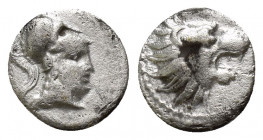 Pamphylia. Side circa 250-150 BC. Obol AR (9mm, 0.6 g) Head of Athena to right; wearing corinthian helmet / Head of roaring lion right