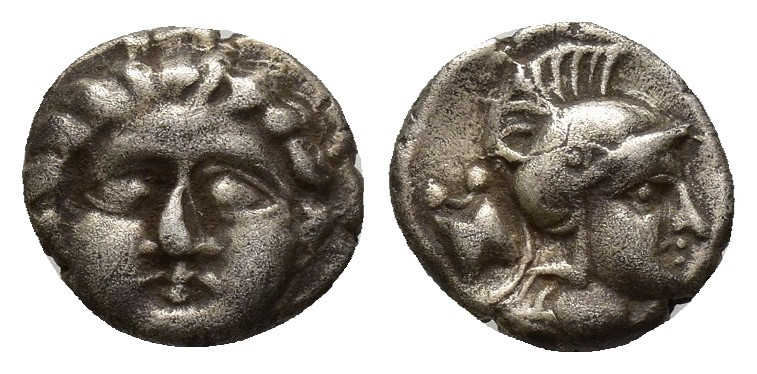 Greek Pisidia, AR Obol Selge 3rd Century BC. (9mm, 0.9 g). Facing head of Gorgon...