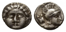 Greek Pisidia, AR Obol Selge 3rd Century BC. (9mm, 0.9 g). Facing head of Gorgoneion / Helmeted head of Athena right, astragal behind.