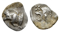 Kyzikos Hemiobol, boar / lion Kyzikos, Mysia. AR Hemiobol (9.6mm, 0.3 g), c. 500-490. Obv. Forepart of boar left, behind, tunny fish. Rv. Lion's head ...