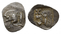 Kyzikos Hemiobol, boar / lion Kyzikos, Mysia. AR Hemiobol (10mm, 0.3 g), c. 500-490. Obv. Forepart of boar left, behind, tunny fish. Rv. Lion's head l...