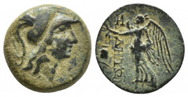 PAMPHYLIA, Side. Circa 1st Century BC. Æ (16mm, 3.7 g). Head of Athena right, wearing Corinthian helmet / Nike advancing left, holding wreath; pomegra...