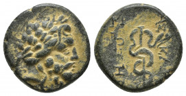 Greek Mysia. Pergamon circa 150-120 BC. Bronze Æ (16mm, 4.1 g) Laureate head of Asklepios right / [A]Σ-KΛHΠI[OY Σ]ΩTHP[OΣ], serpent-entwined staff....