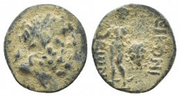 LYCAONIA. Eikonion. Ae (15mm, 2.7 g) (1st century BC). Obv: Laureate head of Zeus right. Rev: ЄIKONIЄωN. Perseus standing left, holding harpa and head...