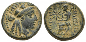 IONIA, Smyrna. Circa 75-50 BC. Æ (22mm, 14.5 g). Athenagoras, magistrate. Laureate head of Apollo right / The poet Homer seated left, holding roll; AΘ...