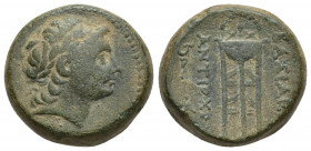 SELEUKID EMPIRE. Antiochos III 'the Great'. 222-187 BC. Æ (22mm, 16.6 g). Probably Sardes mint. Struck circa 215-213 BC. Diademed head right / Tripod....