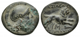 KINGS of THRACE. Lysimachos. 305-281 BC. Æ Unit (18mm, 5.1 g). Helmeted head of Athena right / BAΣIΛEΩΣ ΛΥΣIMAX[OΥ], lion springing right; caduceus, m...
