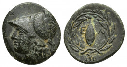 AEOLIS. Elaia. Ae (Mid 4th-3rd century BC). (16mm, 2.8 g) Obv: Helmeted head of Athena left. Rev: Ε - Λ. Grain ear within olive wreath.