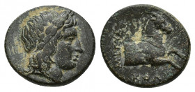 Ionia, Kolophon, c. 360-330 BC. Æ Chalkous (13mm, 2 g). Uncertain magistrate. Laureate head of Apollo r. R/ Forepart of horse r.