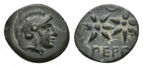 Mysia, Pergamon. Ca. 310-282 B.C. AE (10mm, 1 g). Helmeted head of Athena right / Θ, ΠEPΓ, two stars.