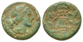 Greek MYSIA. Cyzicus. 200-100 BC. (18mm, 4.9 g). AE Head of Kore right, wearing wreath of corn Rev: KY-ZI above and beneath monogram, monogram below, ...