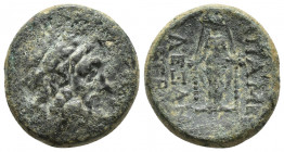 Phrygia, Apameia, c. 100-50 BC. Æ (21mm, 9 g). Alexan-, and Artem-, magistrates. Laureate head of Zeus r. R/ Cult statue of Artemis Anaïtis facing.