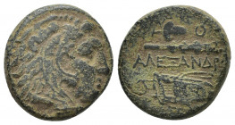 Kings of Macedon. Uncertain mint in Macedon. Alexander III "the Great" 336-323 BC. Unit Æ (17mm, 5.7 g). Head of Herakles to right, wearing lion skin ...