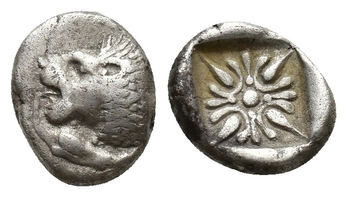IONIA, Miletos. ca. 480-450 BC. AR Obol (8mm, 0.9 g). Forepart of lion / Incuse ...