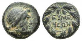 PHRYGIA. Eumeneia. Ae (Circa 200-133 BC). (13mm, 3.6 g) Obv: Laureate head of Zeus right. Rev: EYMENEΩN. Legend in two lines within wreath.
