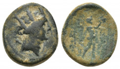 Phrygia, Apameia, c. 88-40 BC. Æ (16mm, 4 g). Turreted bust of Tyche r. R/ The satyr Marsyas r., blowing on his flute; monogram to lower l.