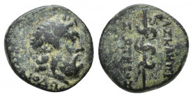 Mysia. Pergamon circa 200-30 BC. Bronze Æ (13mm, 2.5 g). Laureate head of Asklepios right / AΣKΛHΠIOY ΣΩTHPOΣ, serpent-entwined staff.