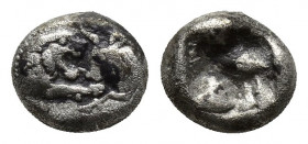 Kings of Lydia, Kroisos AR 1/12 Stater. (7.8mm, 0.8 g) Sardis, 550-546. Confronted foreparts of lion r. and bull l. / Two square punches.