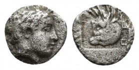Mysia. Pergamon circa 400 BC. Eurysthenes Satrap Obol AR (8mm., 0,6 g). Laureate head of Apollo right / ΠΕΡ[Γ], bearded, male head right, wearing Pers...